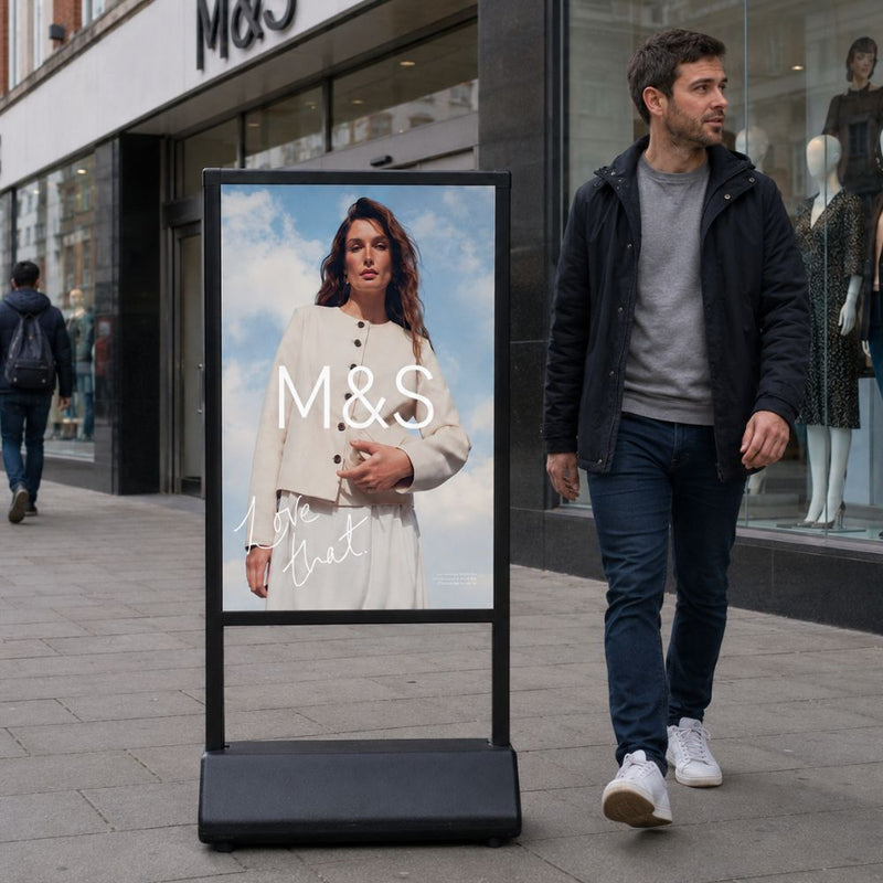 A tall poster sign stands on the paving outside a fashion shopfront, its A1 face at head height as a shopper walks past the window display.
