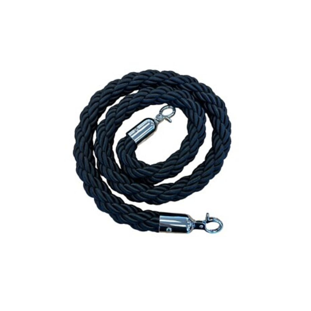 Coiled black braided rope with chrome snap clip ends, designed for premium stanchion and crowd control setups.