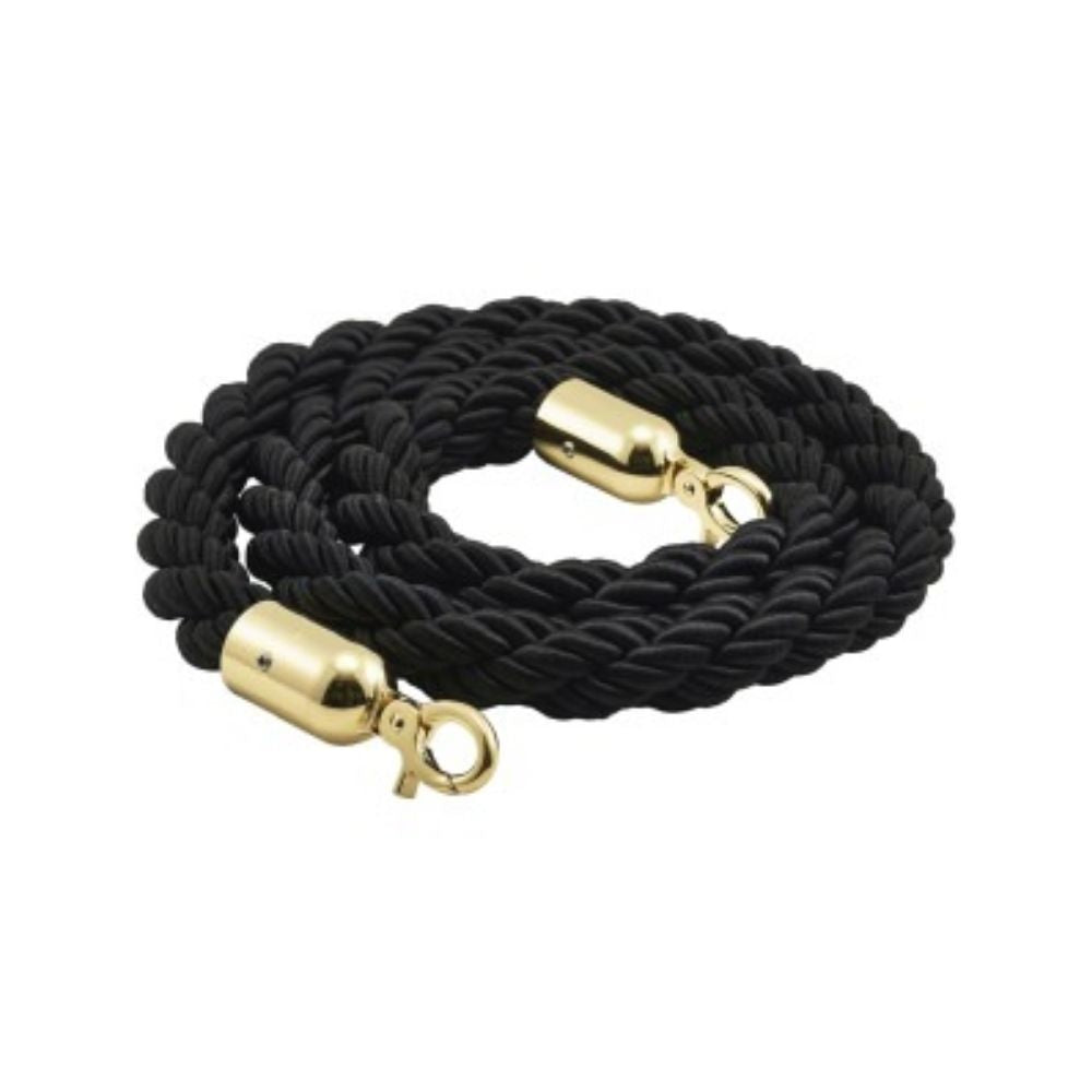 Coiled black braided barrier rope featuring gold snap clip ends, designed for crowd control and premium stanchion systems.
