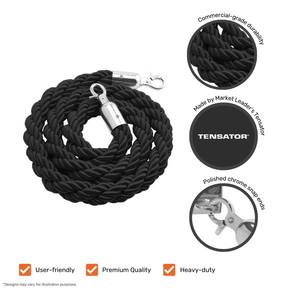 Coiled black braided rope with polished chrome snap ends, designed for use with stanchion posts in crowd control or event settings.