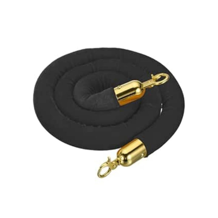 Coiled 1.2m black velvet barrier rope featuring elegant gold-plated hooks, perfect for stanchion setups, queues, and premium event entrances.