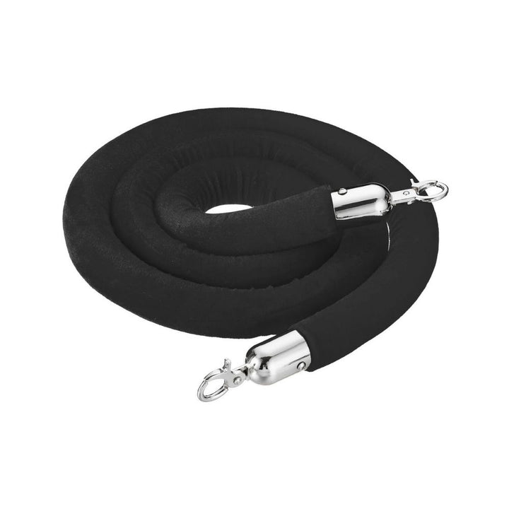 Coiled black velvet barrier rope featuring modern chrome hooks, 1.2m in length, suitable for creating premium crowd control setups or VIP areas.
