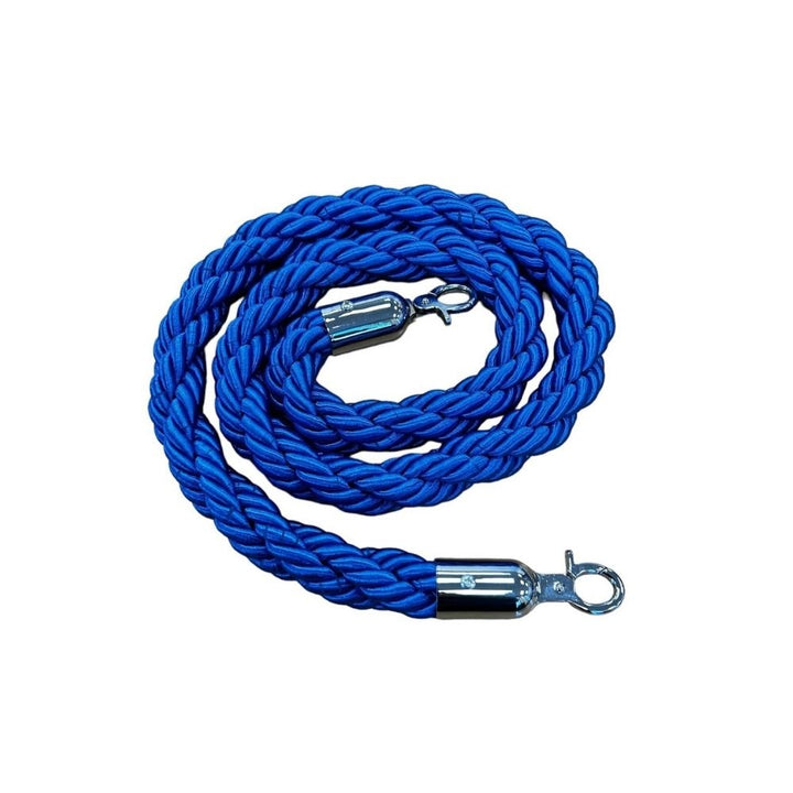 Coiled blue braided barrier rope with chrome snap clip ends, suitable for stanchions and event crowd control.