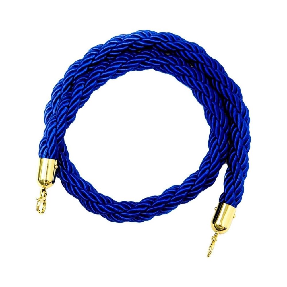Coiled blue braided barrier rope with gold snap hooks, designed for stanchions and queue management.