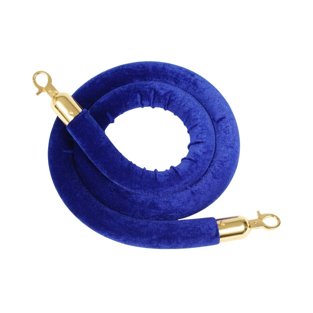 Coiled blue velvet rope with gold snap hooks, designed for use with stanchion posts in VIP sections or event entrances.