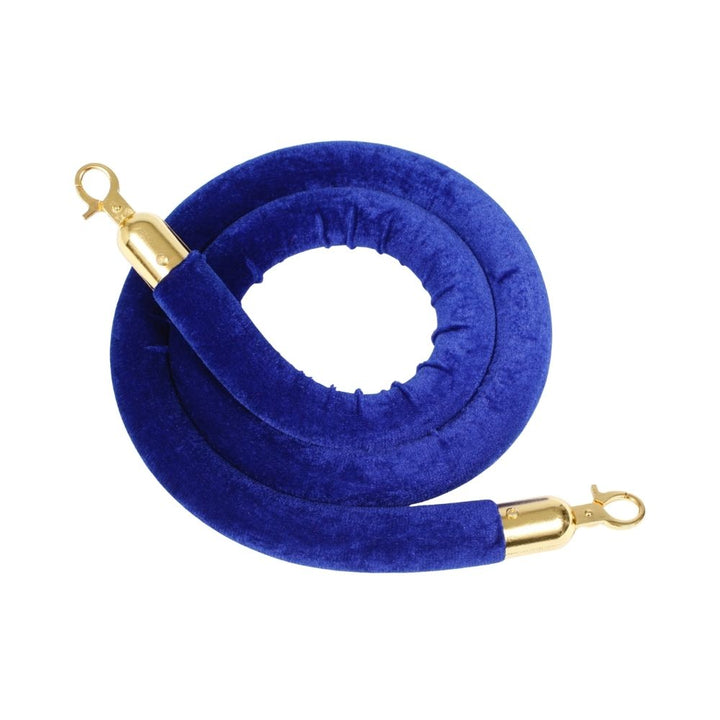 Coiled blue velvet rope with gold snap hooks, designed for use with stanchion posts in VIP sections or event entrances.