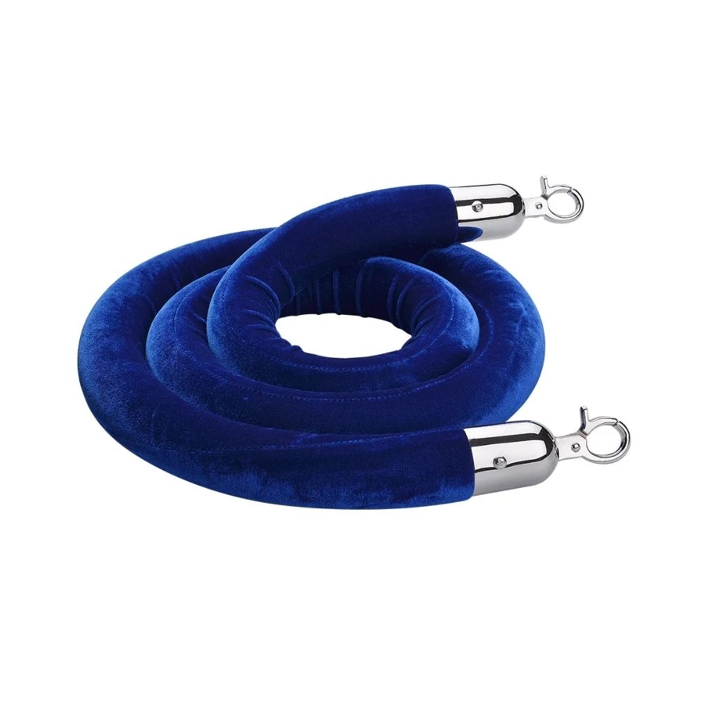 Coiled blue velvet barrier rope with chrome snap hook ends, designed for stanchion posts and VIP crowd control.