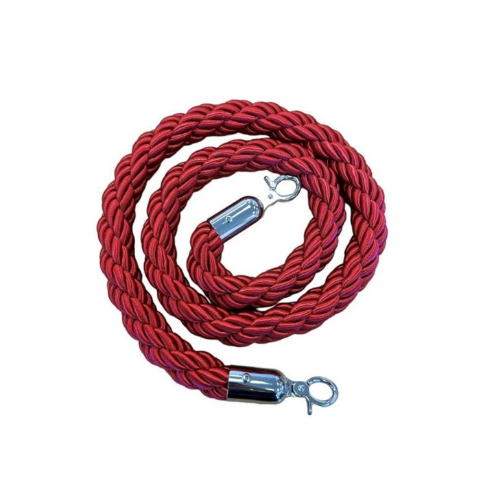 Coiled red braided barrier rope featuring chrome snap hooks, designed for crowd control and stanchion systems.