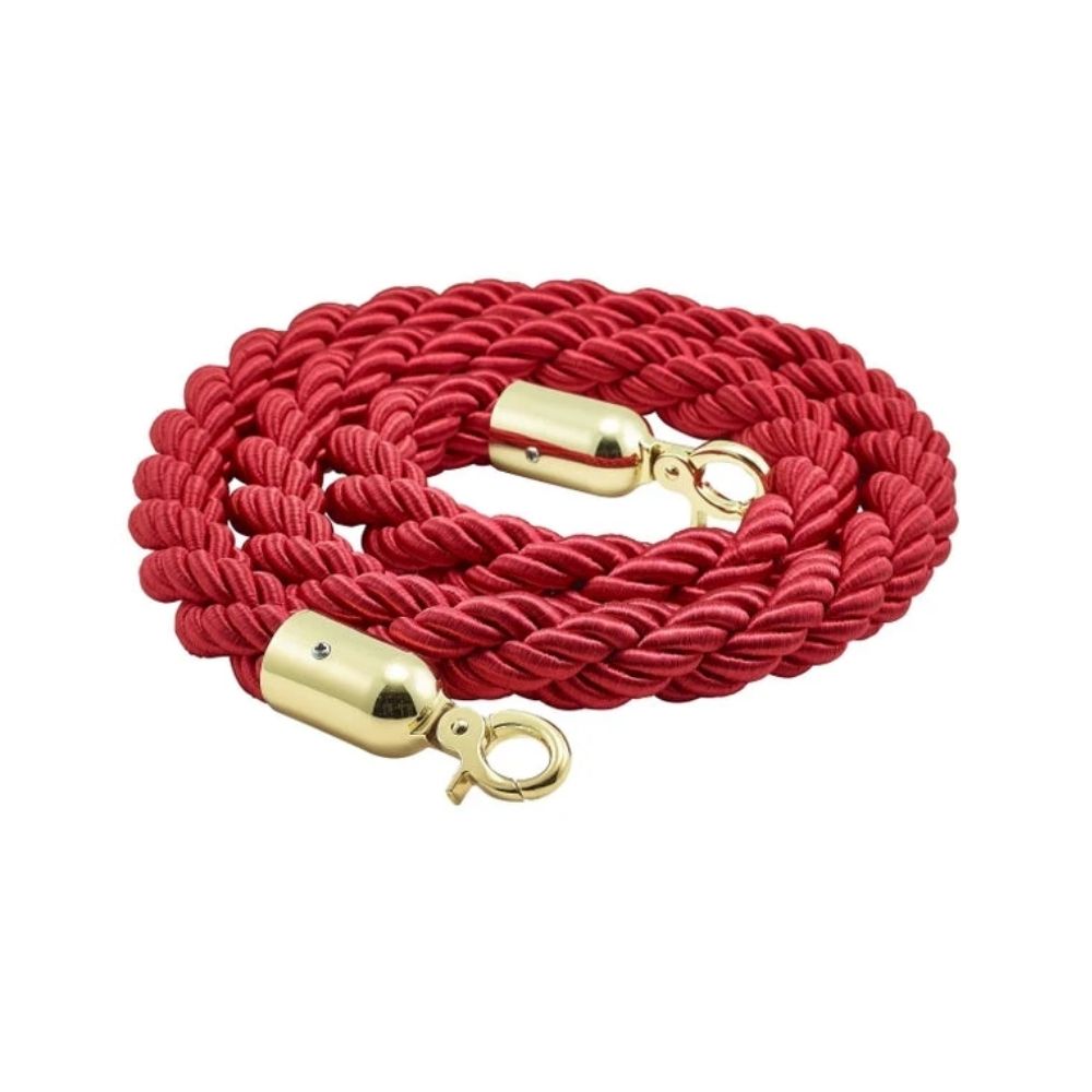 Coiled red braided barrier rope featuring elegant gold snap hooks, designed for crowd control and event stanchions.