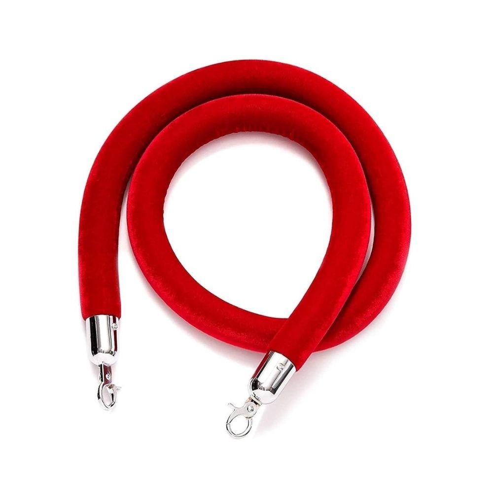 Coiled 1.2m red velvet barrier rope with shiny silver hooks, perfect for stanchions, event entrances, and luxury crowd management.