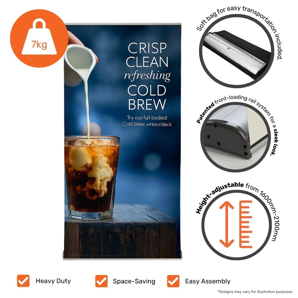 Cold brew roll up banner with a pouring milk image, weight of 7kg, and features including easy assembly, compact transport bag, patented rail system, and height adjustability highlighted.

