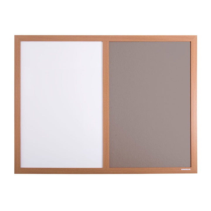 Combination board in a light wooden frame with a dry wipe whiteboard panel on one side and a grey felt pinboard panel on the other for notices.
