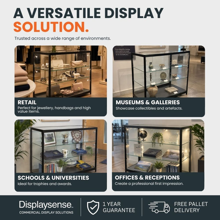 Black glass counter display cabinets shown in retail, museum, school and office settings, demonstrating versatile commercial display applications.