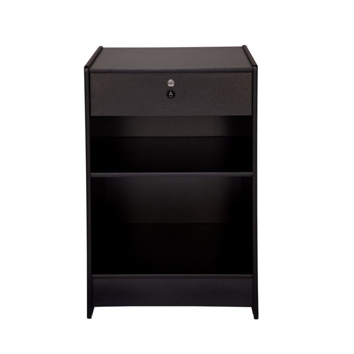 Front-facing black wooden till block with open shelving, raised top surface, lock detail and compact footprint, suitable for shop tills, payment points, pop-up retail units, customer service desks and point-of-sale counter layouts.