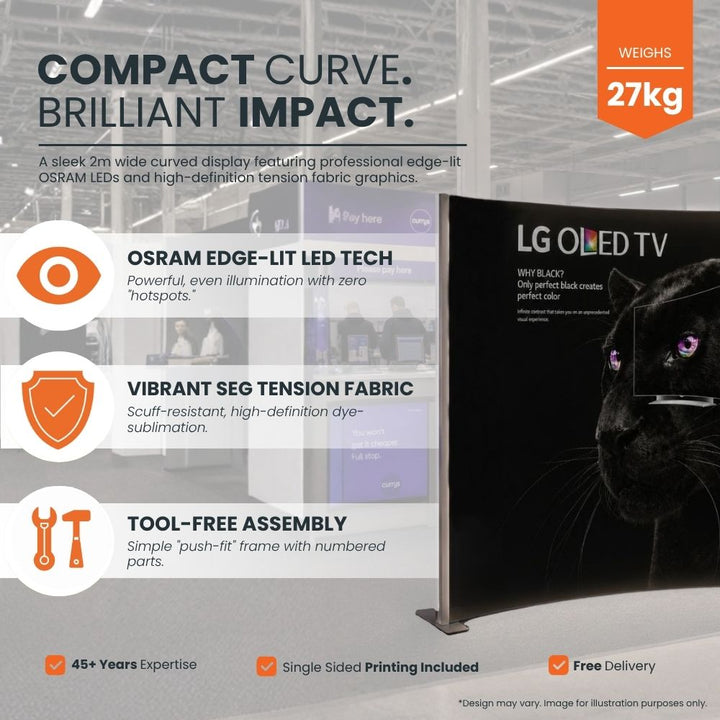 Compact curved LED display wall featuring OSRAM edge-lit technology, SEG tension fabric graphics and tool-free assembly information for exhibitions.