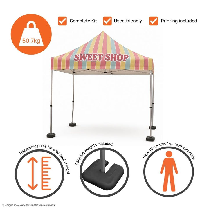 Outdoor pop-up gazebo with print – 3x3m full-wall display tent with weighted legs for market stalls or forecourt use  