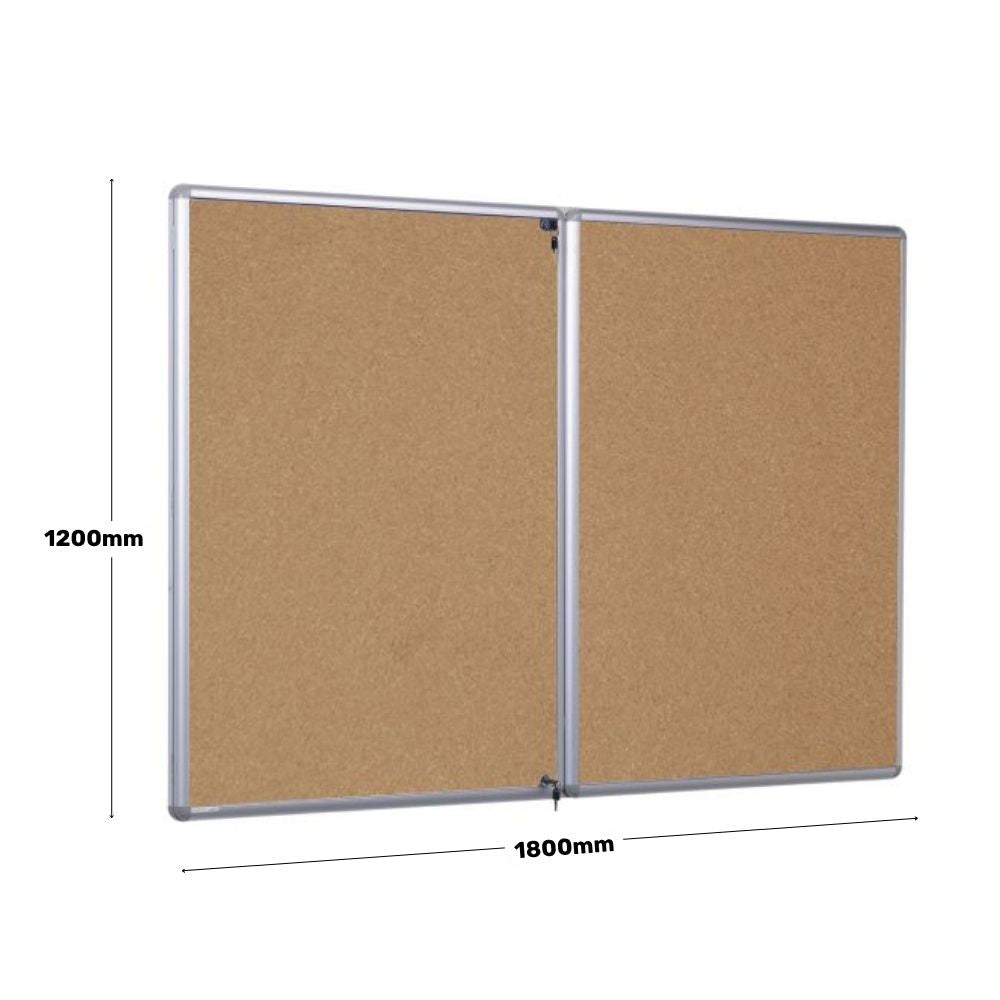 Wide cork noticeboard with lockable double doors and silver aluminium frame, measuring 1800mm by 1200mm.