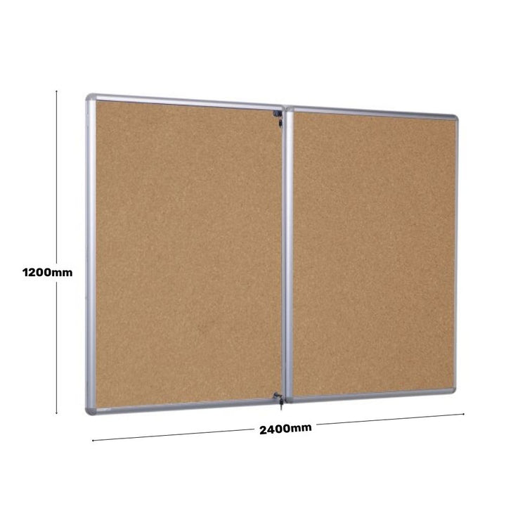 Natural cork lockable noticeboard with silver aluminium frame and double doors, measuring 2400mm wide by 1200mm high.

