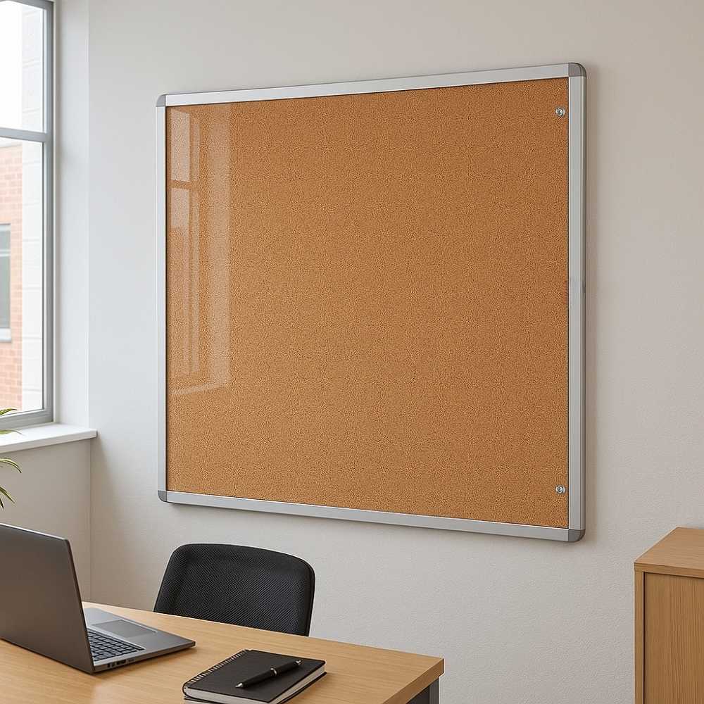 Large cork lockable noticeboard with silver aluminium frame mounted on a white office wall above a light wood desk with a laptop and notebook, near a bright window.