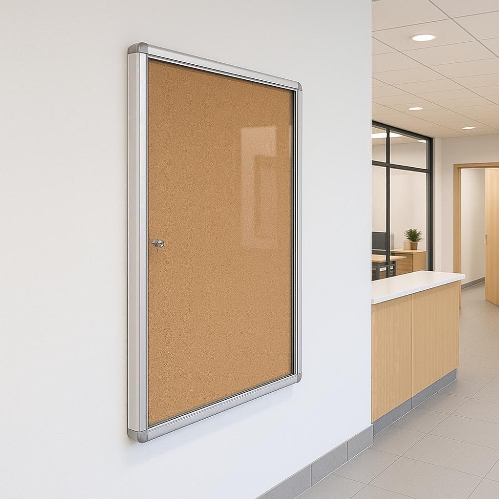 Natural cork lockable noticeboard with silver aluminium frame mounted on a white wall in a modern office reception with tiled floor and light wood furniture.
