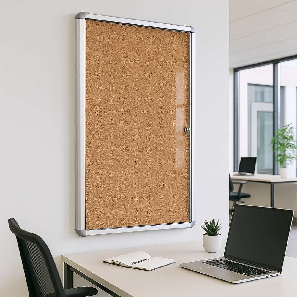 Natural cork lockable noticeboard with silver aluminium frame mounted on a white office wall above a desk with a laptop, open notebook, and small plant, in a modern workspace with large windows.