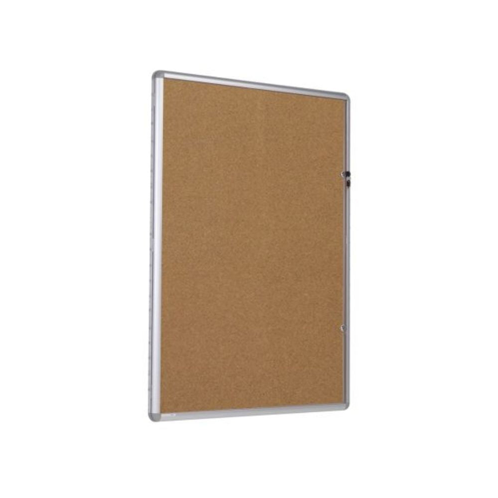 Portrait-oriented natural cork lockable noticeboard with a silver aluminium frame and single lockable door.
