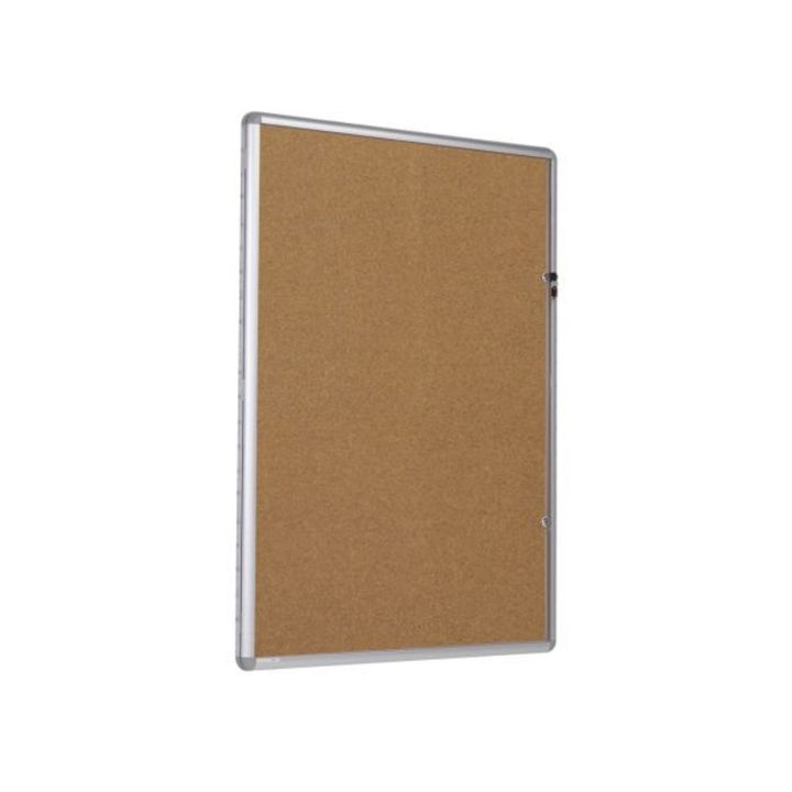 Portrait-oriented natural cork lockable noticeboard with a silver aluminium frame and single lockable door.