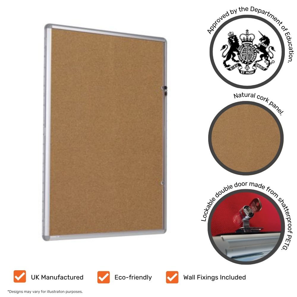Natural cork lockable noticeboard with single door, displayed alongside Department for Education approval, cork panel detail, and shatterproof PETG lockable door features. Icons indicate UK manufacturing, eco-friendliness, and included wall fixings.

