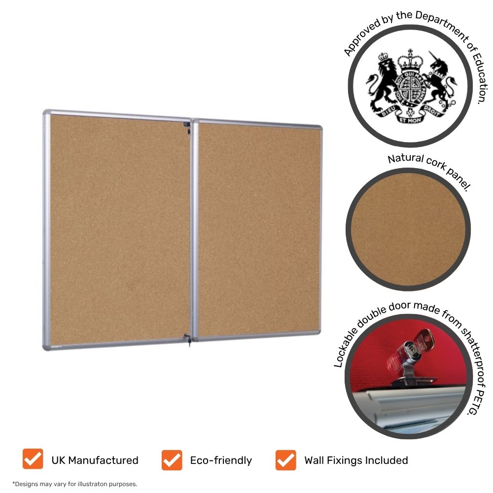 Double-door cork lockable noticeboard with silver aluminium frame, Department for Education seal, cork surface detail, PETG shatterproof door highlight, and badges for UK manufacturing, eco-friendliness, and included fixings.

