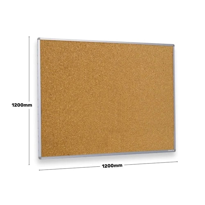 Square cork noticeboard measuring 1200mm by 1200mm, framed with silver aluminium, ideal for use in classrooms, offices, or communal areas.