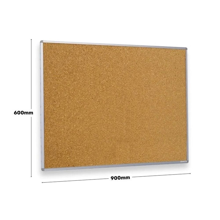 Classic cork noticeboard measuring 600mm by 900mm with a silver aluminium frame, ideal for pinning notes in classrooms, offices, or home workspaces.