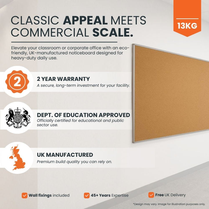 Feature panel: 2-year warranty, Department for Education approved for educational and public sector use, UK manufactured, wall fixings included, 13kg.
