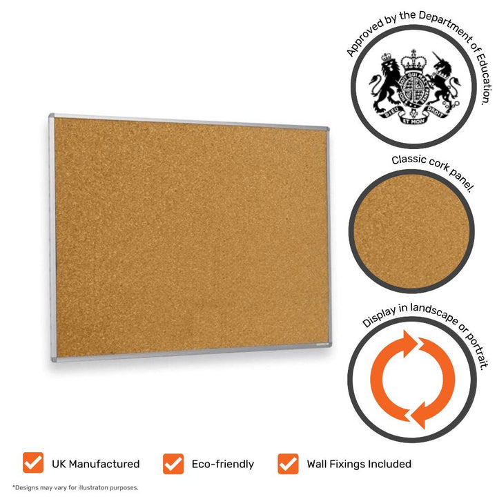 Department for Education approved, natural self-healing cork surface, landscape or portrait mounting, UK manufactured, eco-friendly, wall fixings.

