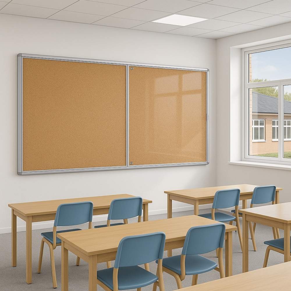 Two cork noticeboards with silver aluminium frames mounted on a white classroom wall above rows of light wood desks and blue chairs, next to a large window with natural light.