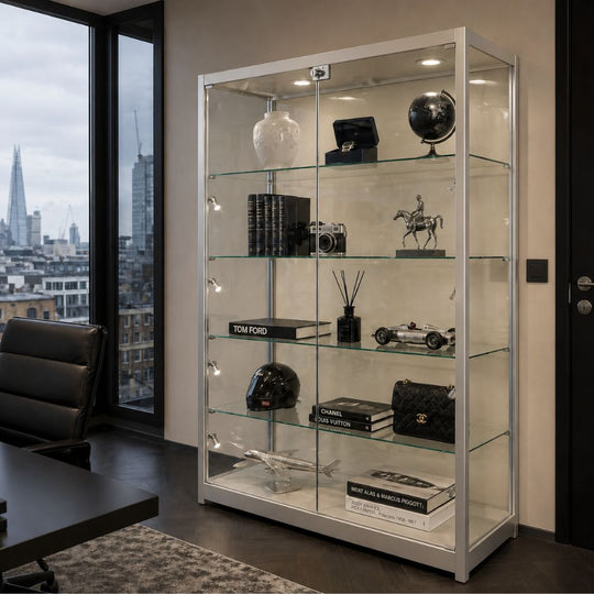 Silver Aluminium Glass Display Cabinet Lockable with 4 Adjustable Shelves & 10 LED Lights 1800mm High x 1200mm Wide