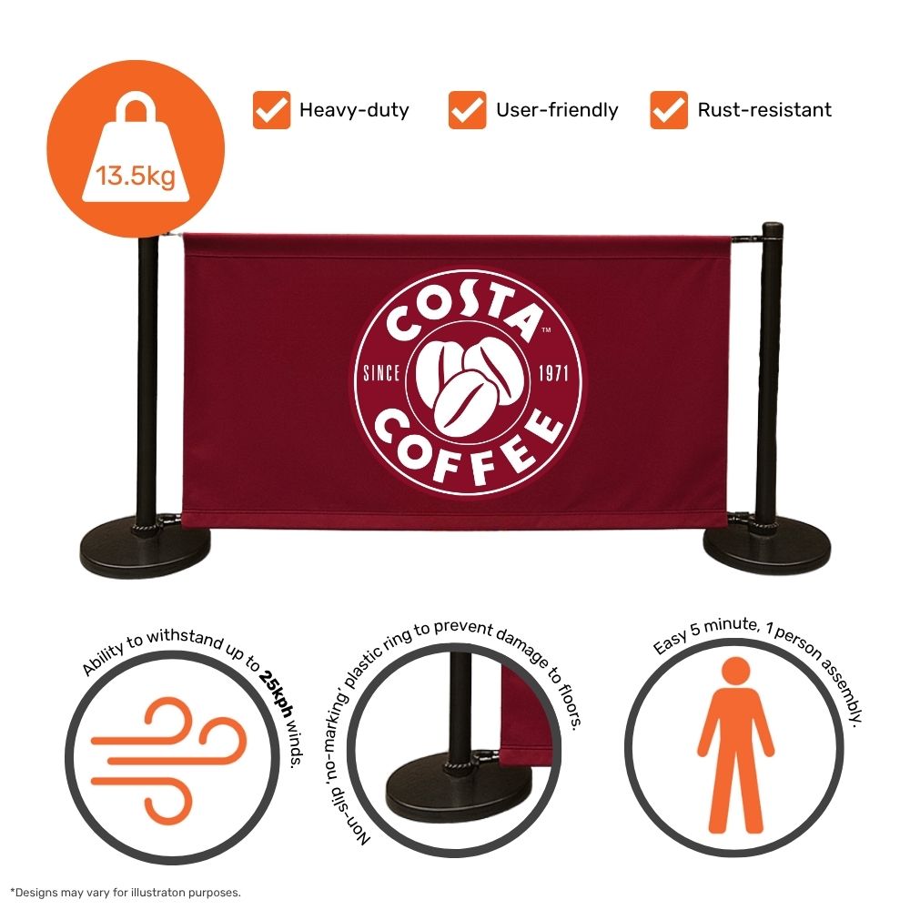 Café barrier with Costa Coffee branding featuring a 13.5kg weighted base, non-slip protection ring, wind resistance up to 25kph, and quick one-person assembly—perfect for outdoor hospitality venues.

