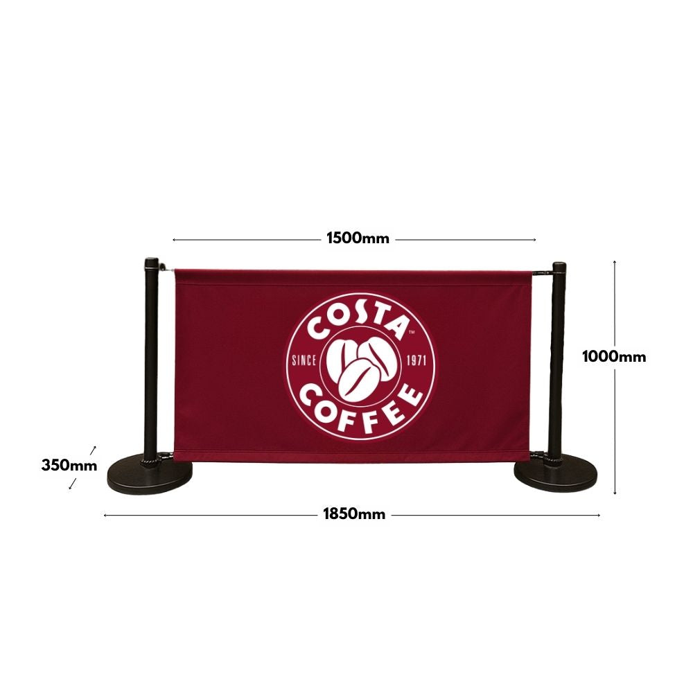 Costa Coffee branded café barrier with dimensions: 1850mm wide, 1000mm high, and 1500mm banner span—ideal for defining outdoor seating areas and high street visibility.

