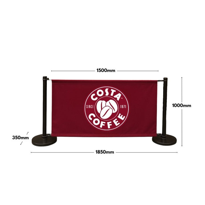 Costa Coffee branded café barrier with dimensions: 1850mm wide, 1000mm high, and 1500mm banner span—ideal for defining outdoor seating areas and high street visibility.

