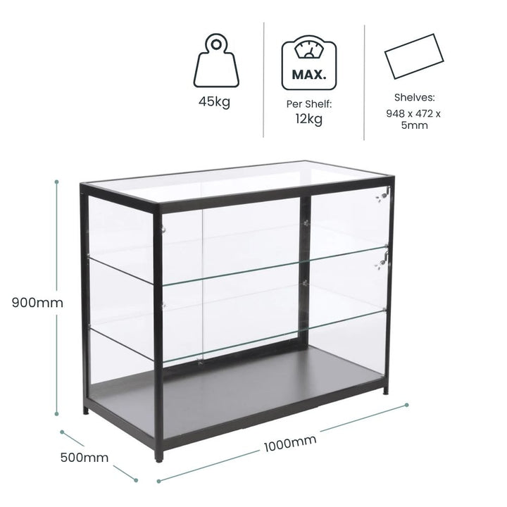 Detailed at 900mm high, 1000mm wide and 500mm deep, 45kg overall, with two 948 x 472 x 5mm glass shelves rated to 12kg each.
