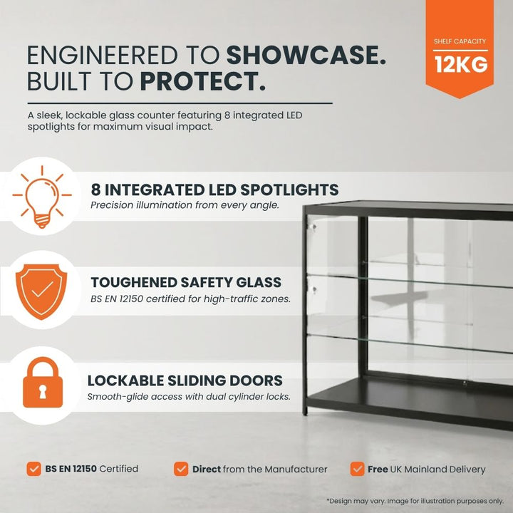 Feature panel: 12kg shelf capacity, eight integrated LED spotlights giving precision illumination from every angle, toughened safety glass certified to BS EN 12150 for high-traffic zones, and lockable sliding doors with smooth-glide access on dual cylinder locks.
