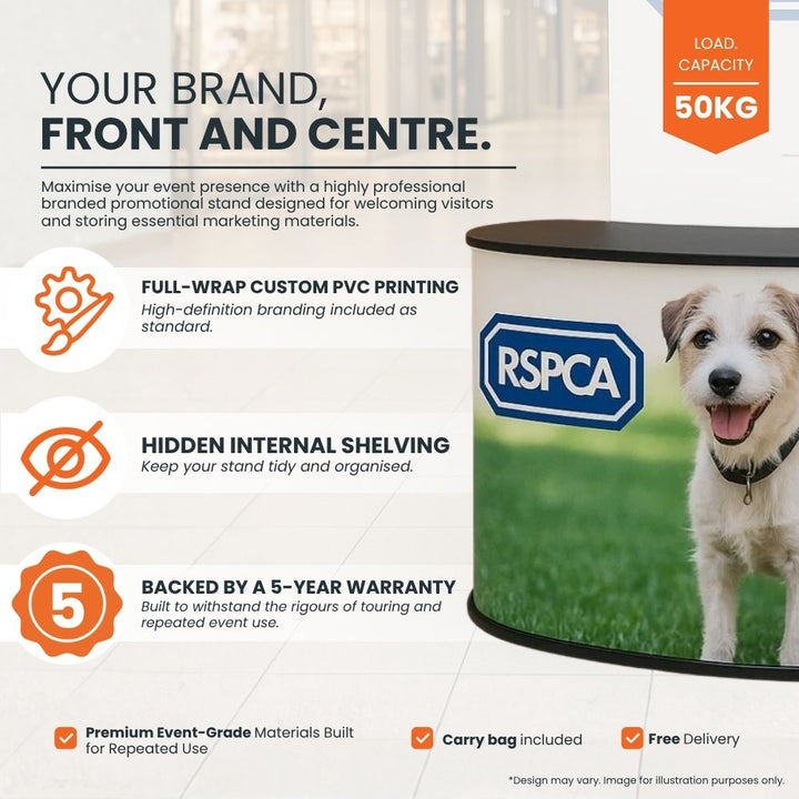 Feature panel: 50kg load capacity, full-wrap custom PVC printing included as standard, hidden internal shelving, and a five-year warranty covering touring and repeated event use, with carry bag included.
