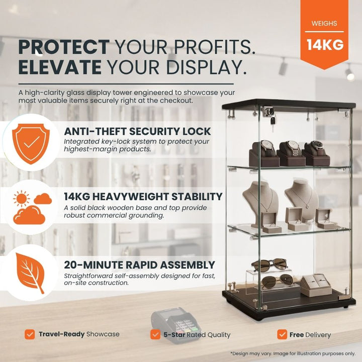 Flat-pack black wood countertop showcase with a key lock and two fixed glass shelves, assembles in 20 minutes for jewellery retail and exhibition stands.
