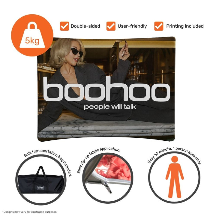 Double-sided 2500mm curved display – printed tension backdrop for corporate events, expos or retail showcases  