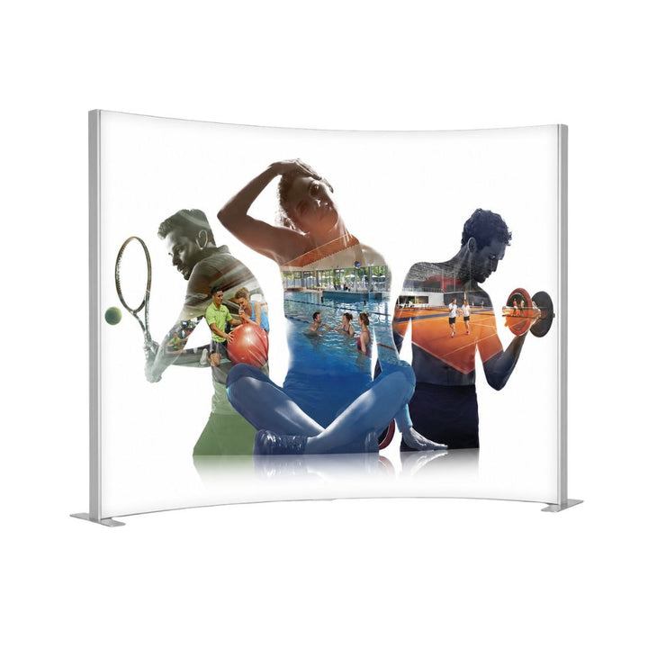 Large curved fabric display wall showcasing layered fitness, tennis, swimming and gym imagery for promotional event branding.