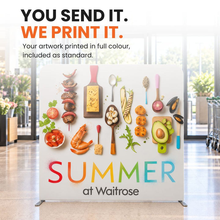 Full-colour custom artwork printed across the 2000mm straight tension fabric exhibition backdrop for a large branded display area.