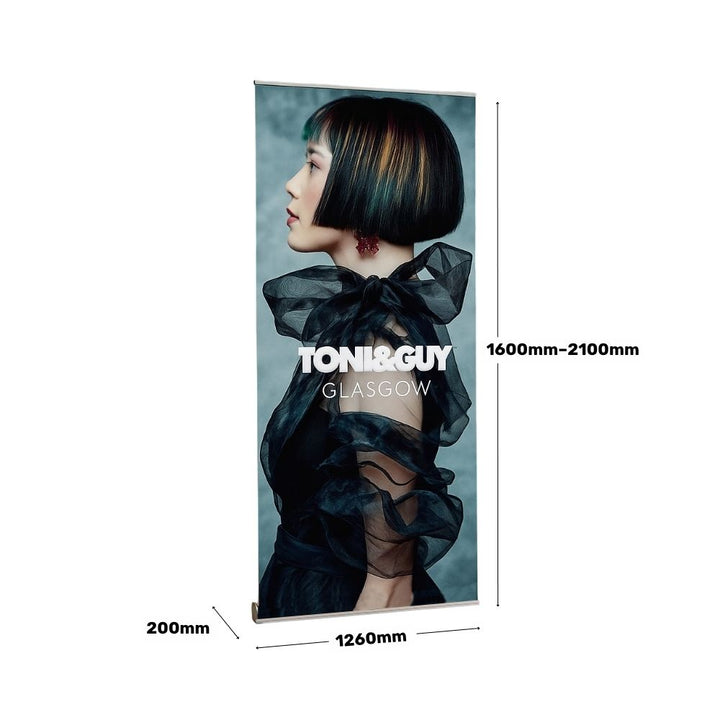 Custom printed roller banner for Toni & Guy Glasgow, shown with size dimensions and ideal for salon advertising and display events.

