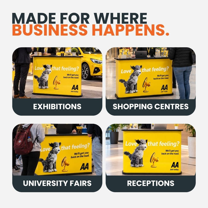 Custom printed promotional counter pictured at exhibitions, shopping centres, university fairs and reception areas.