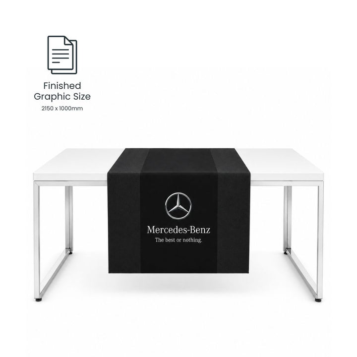 Black custom printed table runner featuring Mercedes-Benz branding with finished graphic size dimensions shown beside the display table.