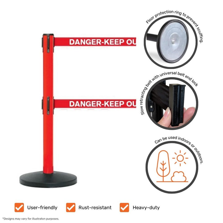 Red safety barrier with "Danger – Keep Out" belts, highlighting features such as belt lock, rust resistance, and floor protection.