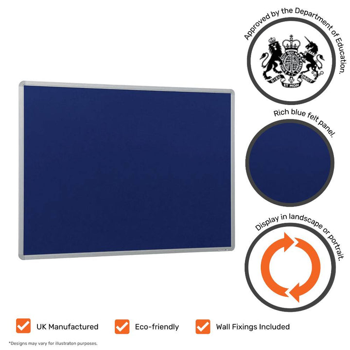 Large 2400 x 1200mm aluminium frame noticeboard – dark blue felt surface for displaying memos or posters  